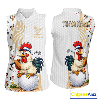 Funny Rooster Sleeveless Golf Polo Shirt mockup featuring rooster mascot, personalized golf polo, farmhouse golf apparel, country golf clothing, funny golf shirt, custom golf team uniform, animal mascot sportswear.