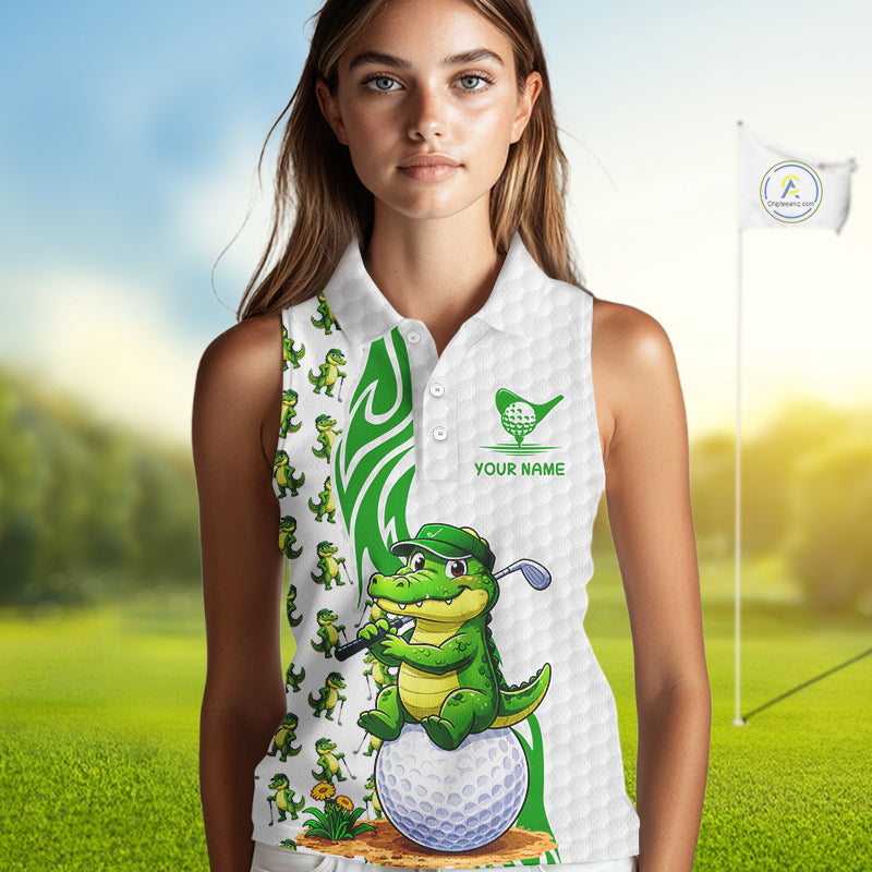 Women's model wearing Funny Alligator Golf Polo Shirt, trendy animal golf apparel, oversized golf fashion, personalized golf clothing, matching golf couple outfit.