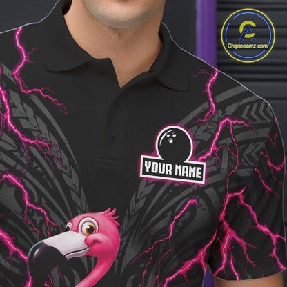 Funny Flamingo Tribal Bowling Team Jersey Custom Pink Thunder Lightning Mens Bowling Polo 1/4-Zip Shirt NYN4519