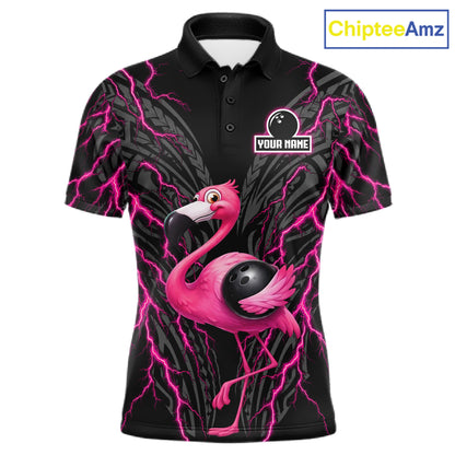 Funny Flamingo Tribal Bowling Team Jersey Custom Pink Thunder Lightning Mens Bowling Polo 1/4-Zip Shirt NYN4519