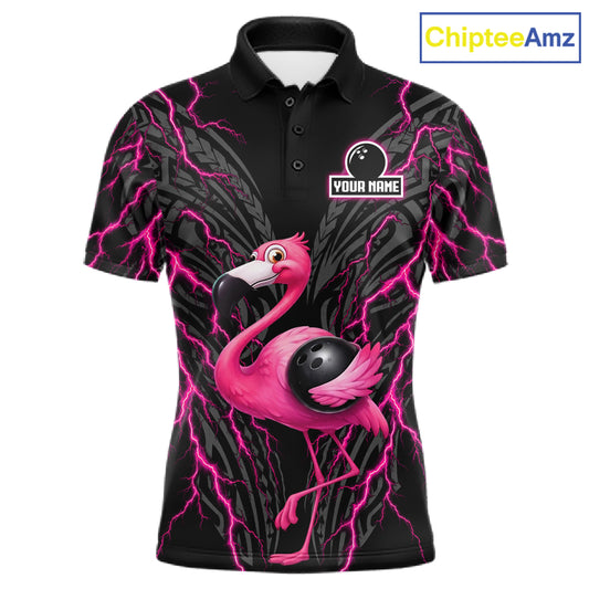 Funny Flamingo Tribal Bowling Team Jersey Custom Pink Thunder Lightning Mens Bowling Polo 1/4-Zip Shirt NYN4519