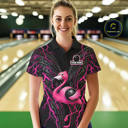 Funny Flamingo Tribal Bowling Team Jersey Custom Pink Thunder Lightning Women Bowling Polo 1/4-Zip Shirt NYN4519