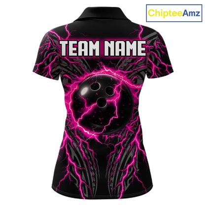 Funny Flamingo Tribal Bowling Team Jersey Custom Pink Thunder Lightning Women Bowling Polo 1/4-Zip Shirt NYN4519