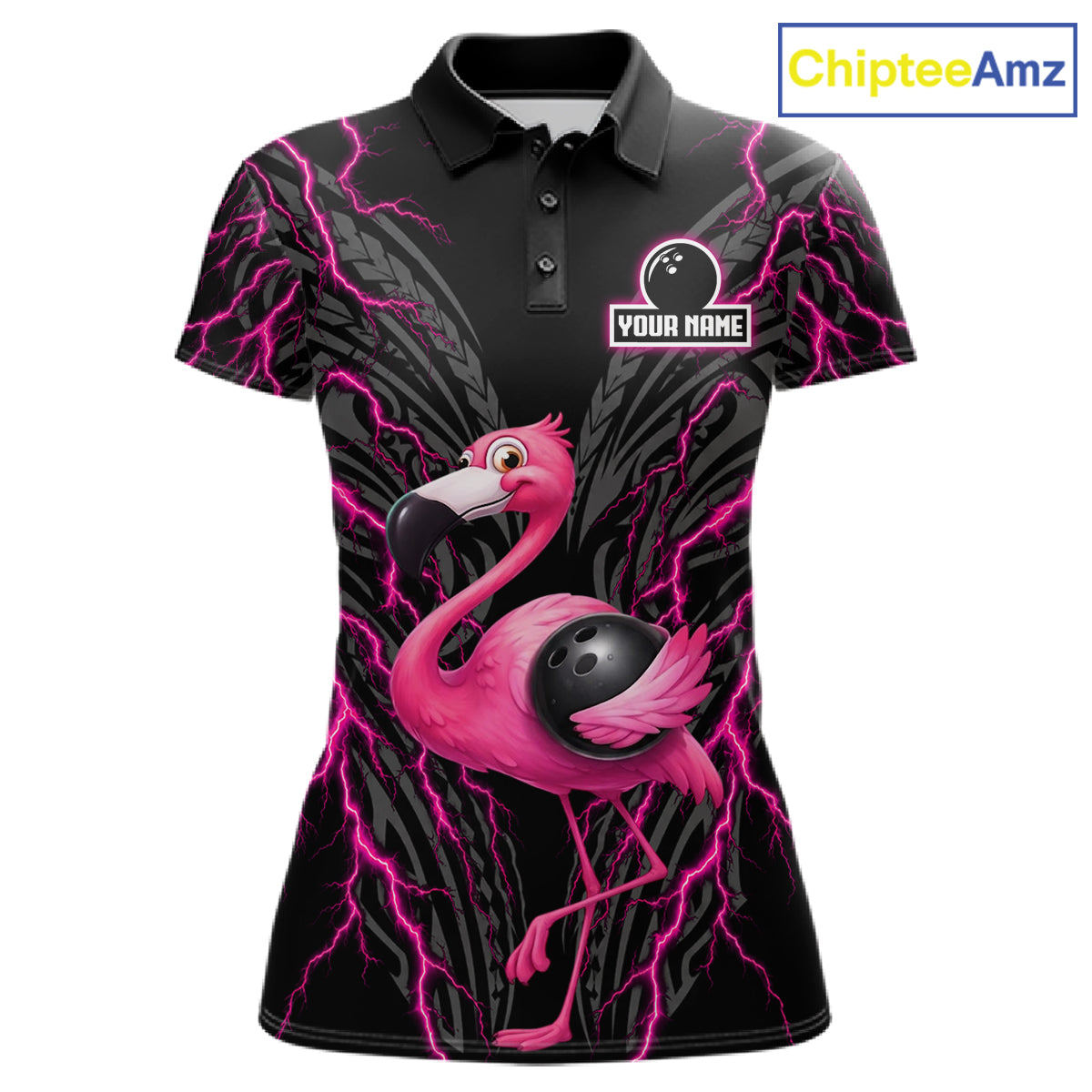 Funny Flamingo Tribal Bowling Team Jersey Custom Pink Thunder Lightning Women Bowling Polo 1/4-Zip Shirt NYN4519