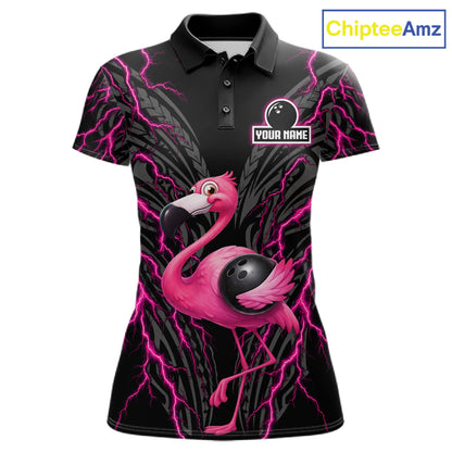 Funny Flamingo Tribal Bowling Team Jersey Custom Pink Thunder Lightning Women Bowling Polo 1/4-Zip Shirt NYN4519