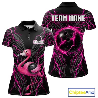 Funny Flamingo Tribal Bowling Team Jersey Custom Pink Thunder Lightning Women Bowling Polo 1/4-Zip Shirt NYN4519