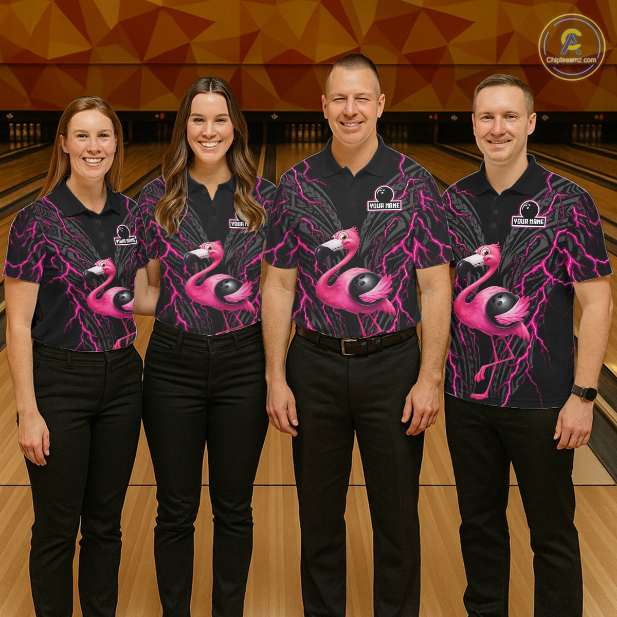 Funny Flamingo Tribal Bowling Team Jersey Custom Pink Thunder Lightning Mens Bowling Polo 1/4-Zip Shirt NYN4519