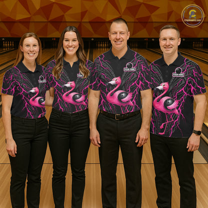Funny Flamingo Tribal Bowling Team Jersey Custom Pink Thunder Lightning Mens Bowling Polo 1/4-Zip Shirt NYN4519