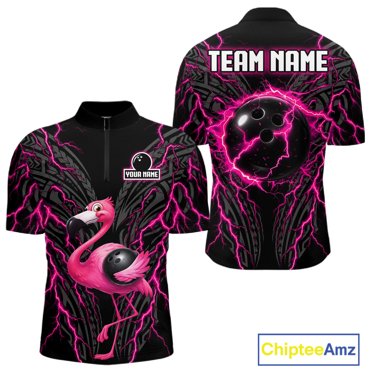 Funny Flamingo Tribal Bowling Team Jersey Custom Pink Thunder Lightning Mens Bowling Polo 1/4-Zip Shirt NYN4519
