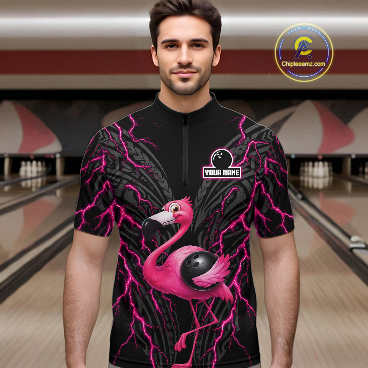 Funny Flamingo Tribal Bowling Team Jersey Custom Pink Thunder Lightning Mens Bowling Polo 1/4-Zip Shirt NYN4519