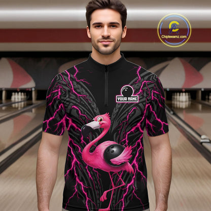 Funny Flamingo Tribal Bowling Team Jersey Custom Pink Thunder Lightning Mens Bowling Polo 1/4-Zip Shirt NYN4519