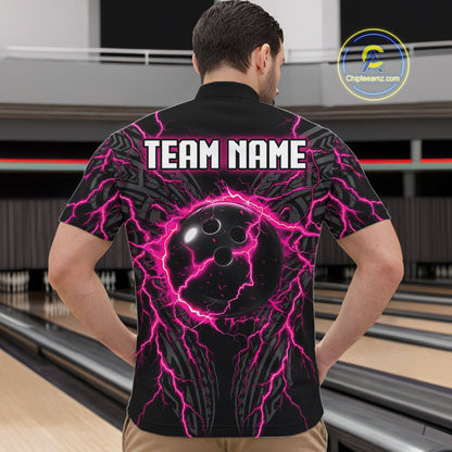 Funny Flamingo Tribal Bowling Team Jersey Custom Pink Thunder Lightning Mens Bowling Polo 1/4-Zip Shirt NYN4519