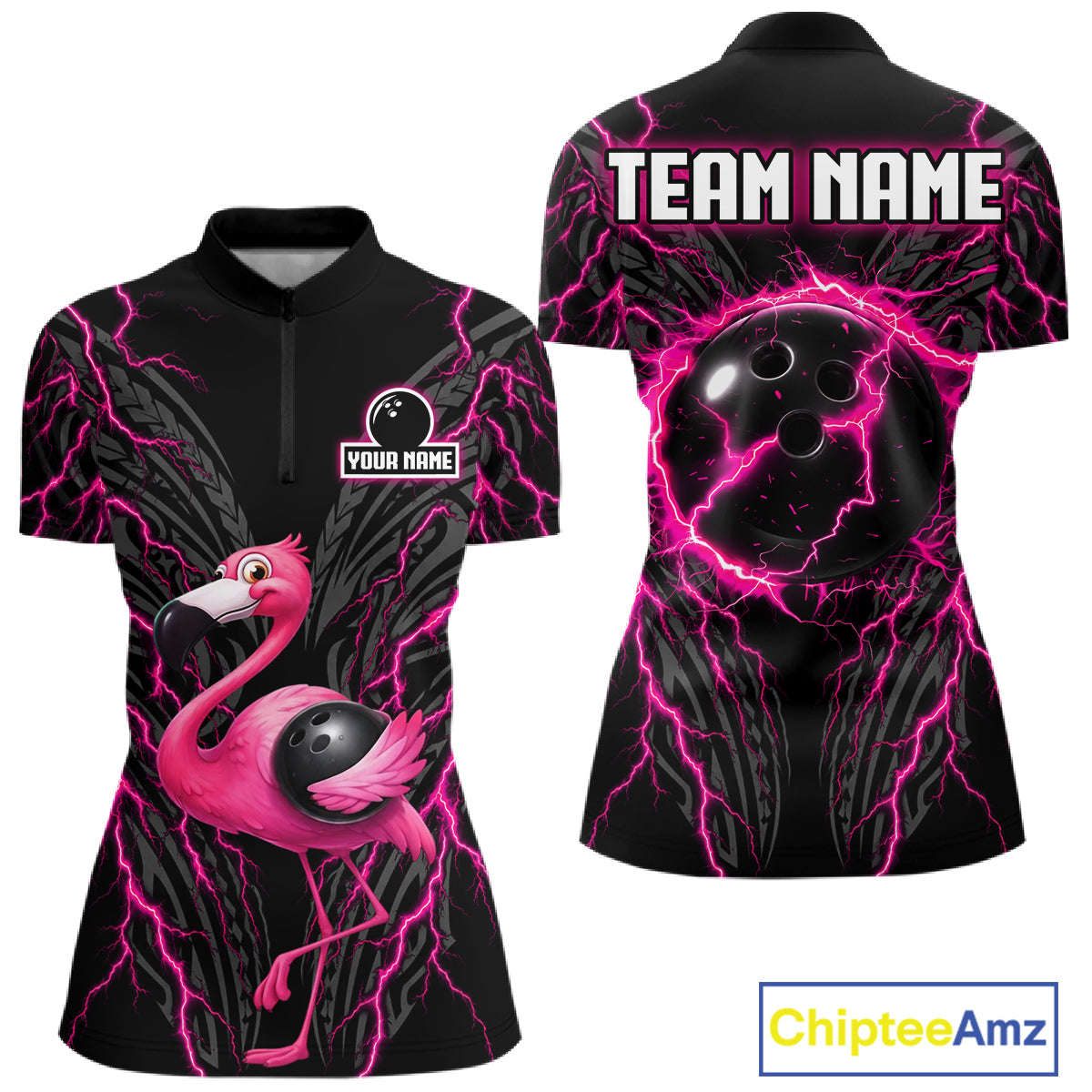 Funny Flamingo Tribal Bowling Team Jersey Custom Pink Thunder Lightning Women Bowling Polo 1/4-Zip Shirt NYN4519