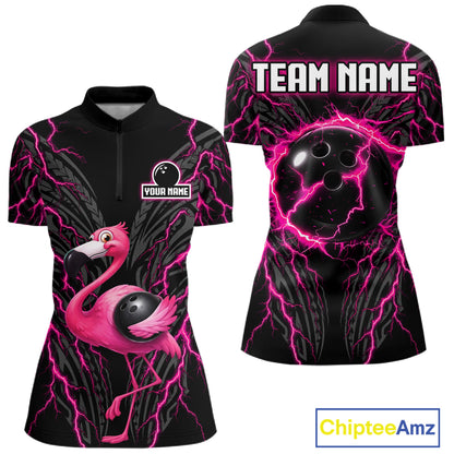 Funny Flamingo Tribal Bowling Team Jersey Custom Pink Thunder Lightning Women Bowling Polo 1/4-Zip Shirt NYN4519