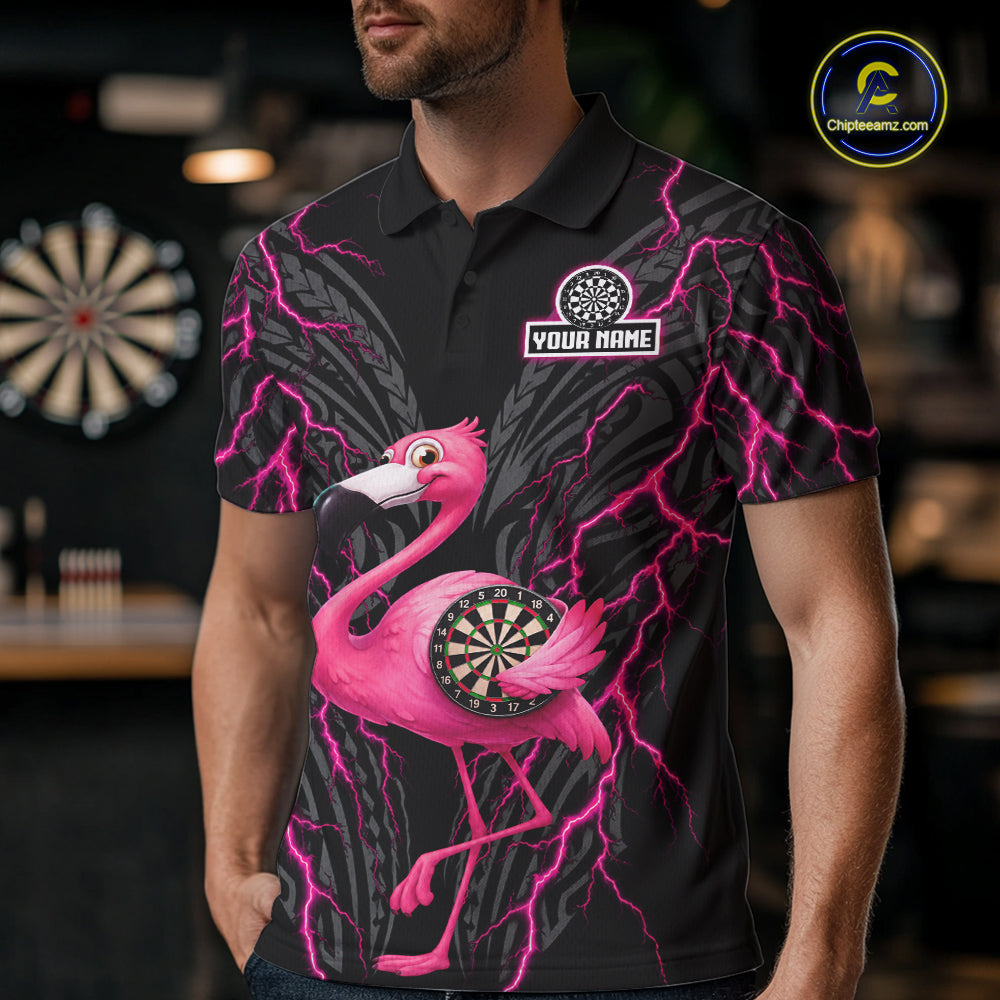 Funny Flamingo Tribal Darts Team Jersey Custom Pink Thunder Lightning Darts Polo 1/4-Zip Shirt For Men NYN4520