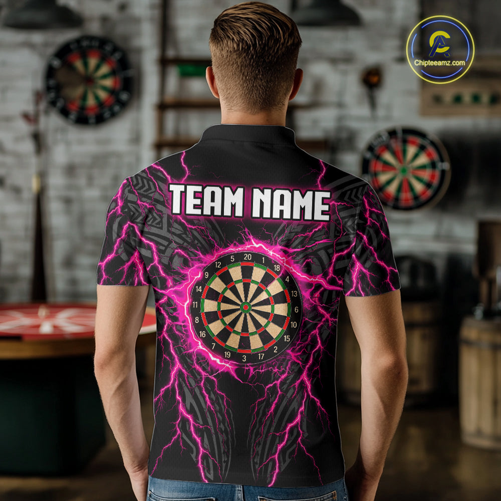 Funny Flamingo Tribal Darts Team Jersey Custom Pink Thunder Lightning Darts Polo 1/4-Zip Shirt For Men NYN4520