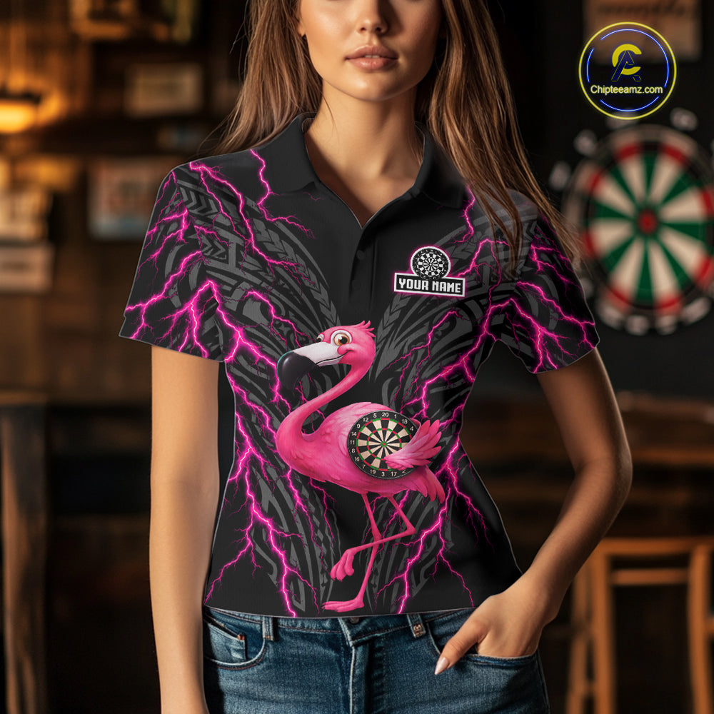 Funny Flamingo Tribal Darts Team Jersey Custom Pink Thunder Lightning Darts Polo 1/4-Zip Shirt For Women NYN4520