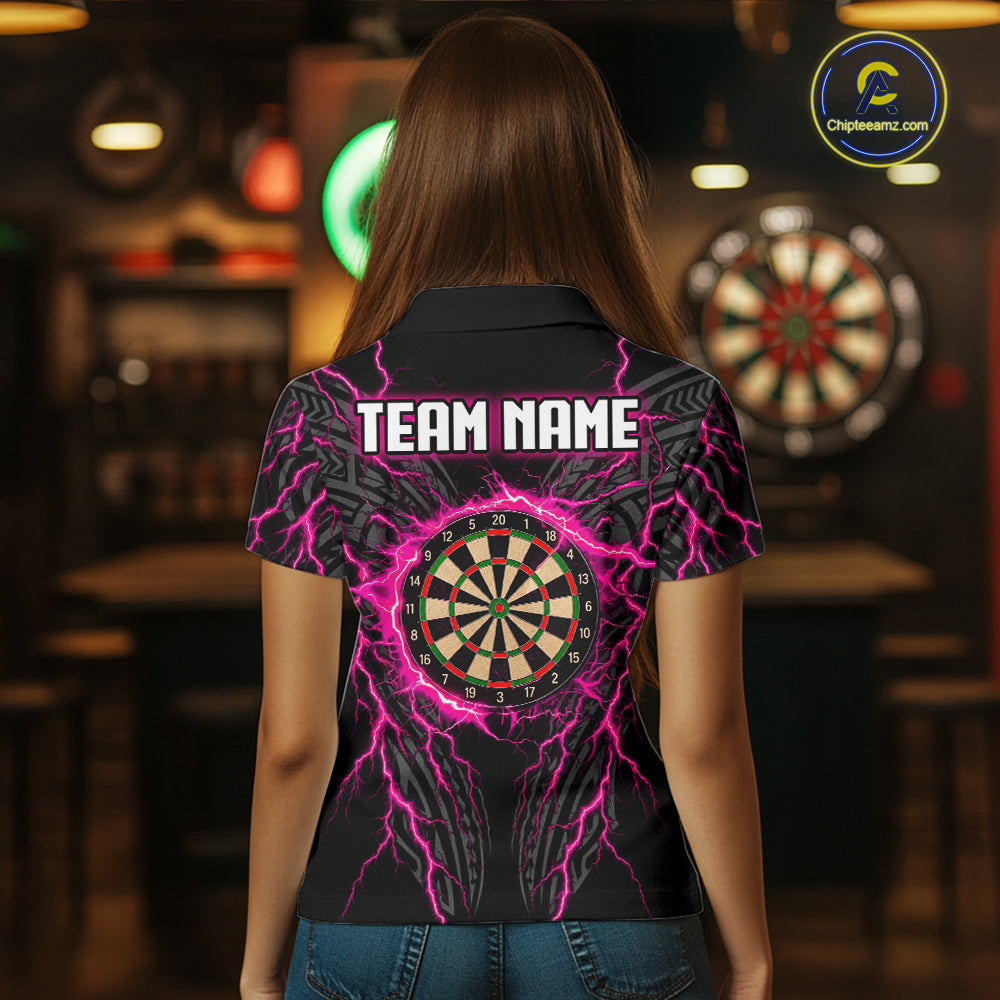 Funny Flamingo Tribal Darts Team Jersey Custom Pink Thunder Lightning Darts Polo 1/4-Zip Shirt For Women NYN4520