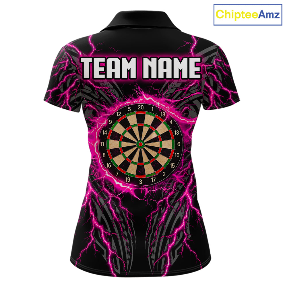 Funny Flamingo Tribal Darts Team Jersey Custom Pink Thunder Lightning Darts Polo 1/4-Zip Shirt For Women NYN4520