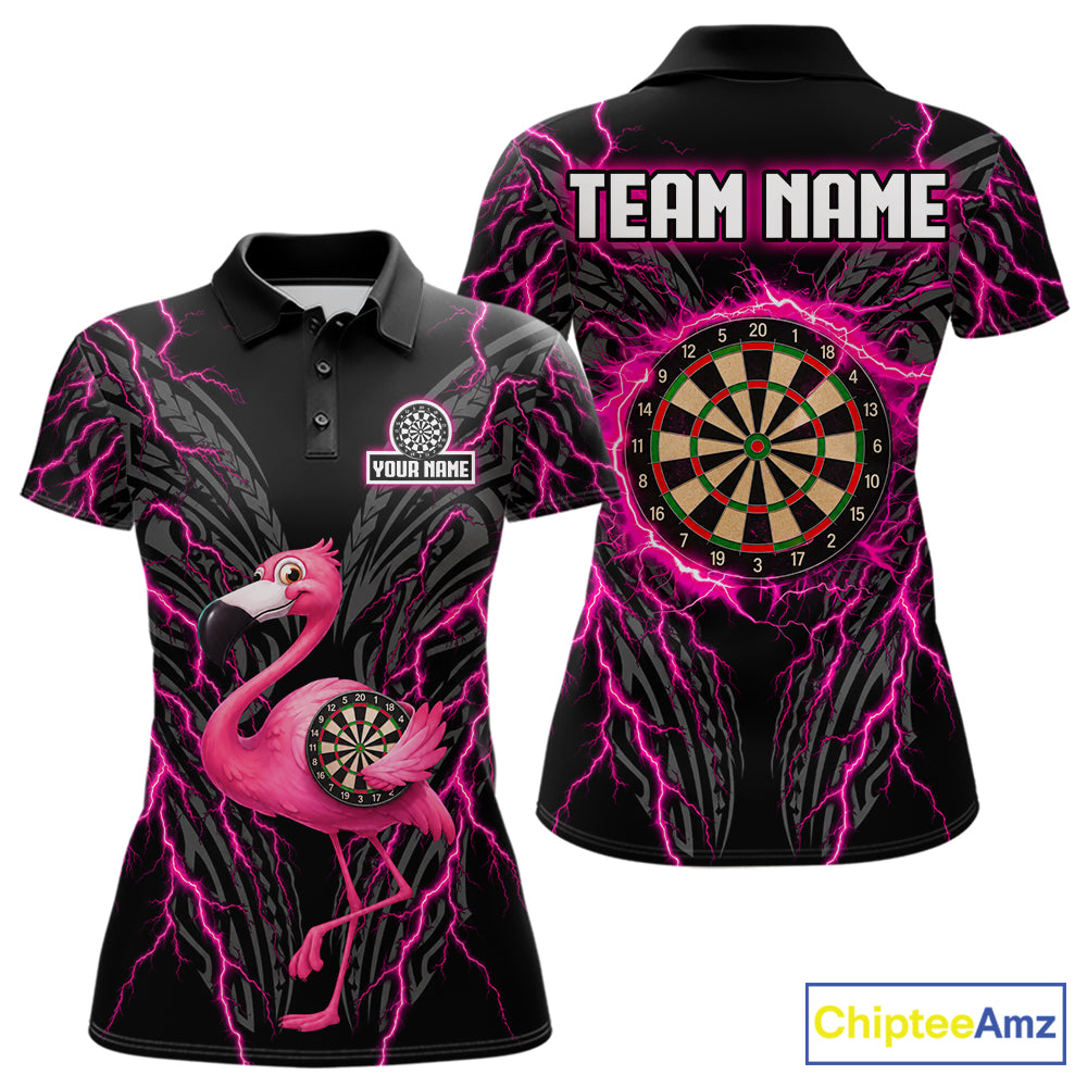 Funny Flamingo Tribal Darts Team Jersey Custom Pink Thunder Lightning Darts Polo 1/4-Zip Shirt For Women NYN4520