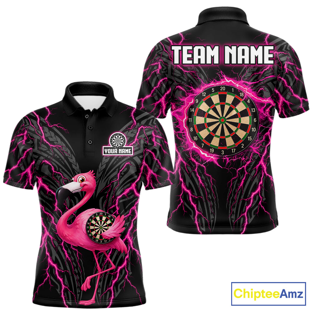 Funny Flamingo Tribal Darts Team Jersey Custom Pink Thunder Lightning Darts Polo 1/4-Zip Shirt For Men NYN4520