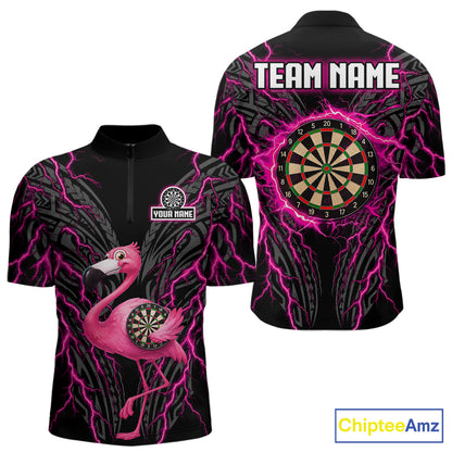 Funny Flamingo Tribal Darts Team Jersey Custom Pink Thunder Lightning Darts Polo 1/4-Zip Shirt For Men NYN4520