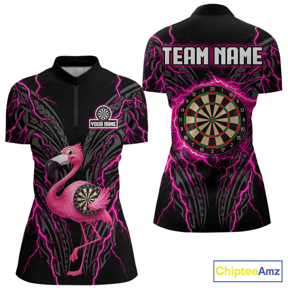 Funny Flamingo Tribal Darts Team Jersey Custom Pink Thunder Lightning Darts Polo 1/4-Zip Shirt For Women NYN4520