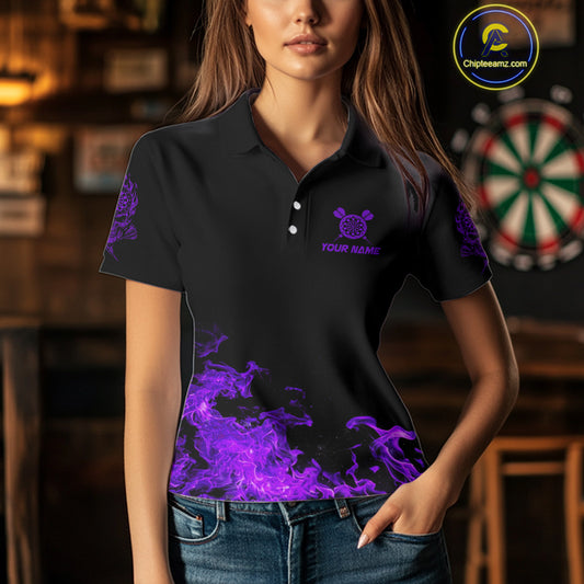 Custom Purple Flames Skull Dart Arrow Women Men Polo Jerseys Flame Dart Team Shirt NYN1708