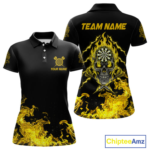 Custom Yellow Flames Skull Dart Arrow Women Men Polo Jerseys Flame Dart Team Shirt NYN1709