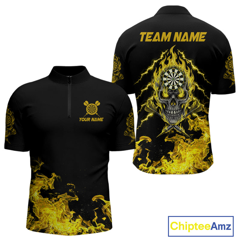 Custom Yellow Flames Skull Dart Arrow Dart Men Quarter-Zip Jerseys Flame Dart Team Shirt NYN1709