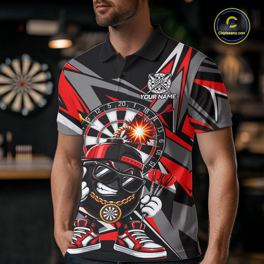 Custom Red & Grey Funny Bomb Darts Polo Quarter-Zip Shirt For Men Darts Tournament Jersey NYN4888