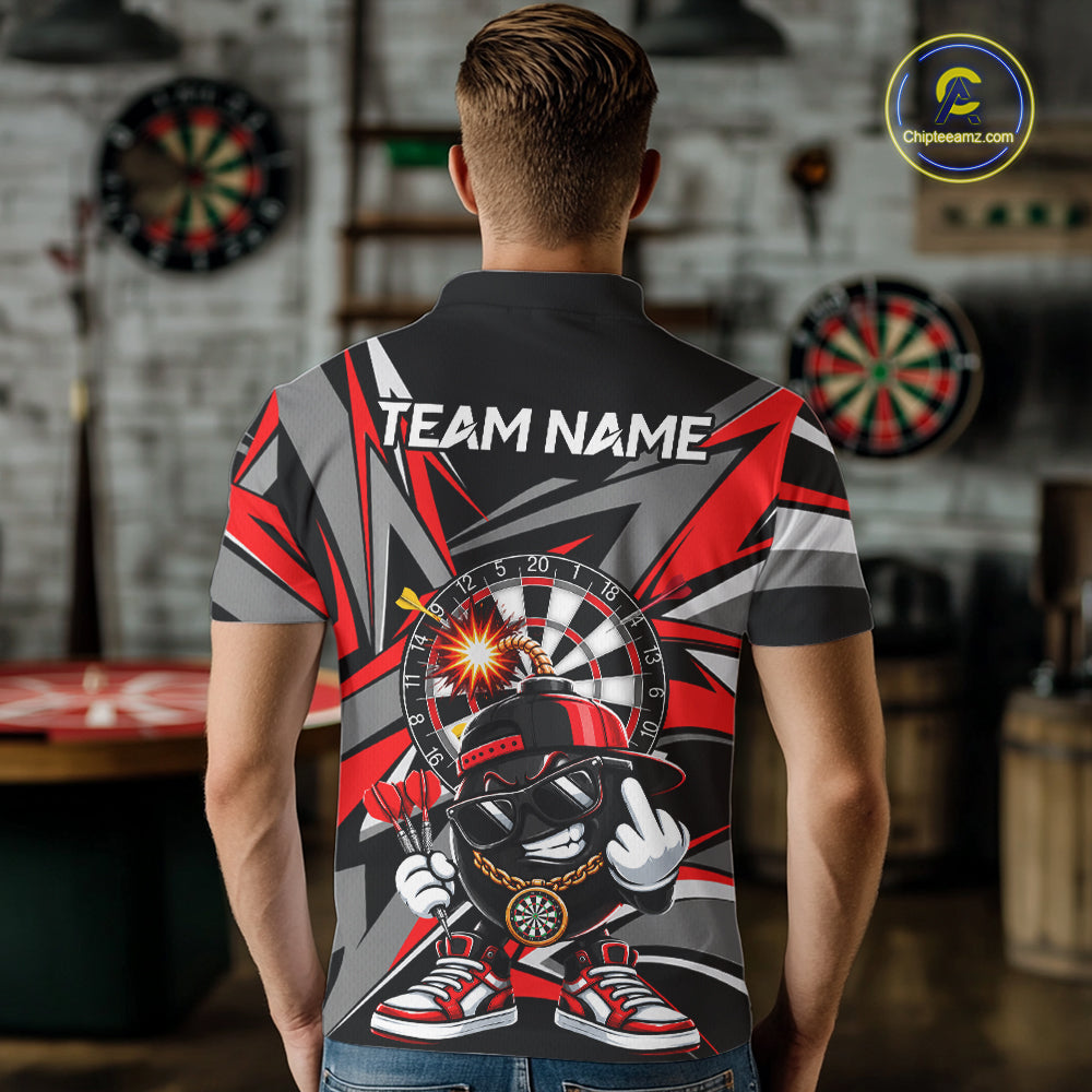 Custom Red & Grey Funny Bomb Darts Polo Quarter-Zip Shirt For Men Darts Tournament Jersey NYN4888