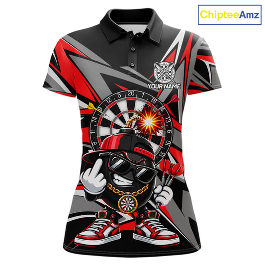 Custom Red & Grey Funny Bomb Darts Polo Quarter-Zip Shirt For Women Darts Tournament Jersey NYN4888