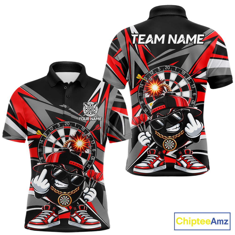 Custom Red & Grey Funny Bomb Darts Polo Quarter-Zip Shirt For Men Darts Tournament Jersey NYN4888