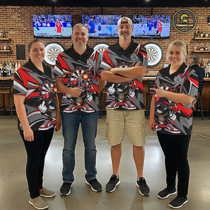 Custom Red & Grey Funny Bomb Darts Polo Quarter-Zip Shirt For Men Darts Tournament Jersey NYN4888