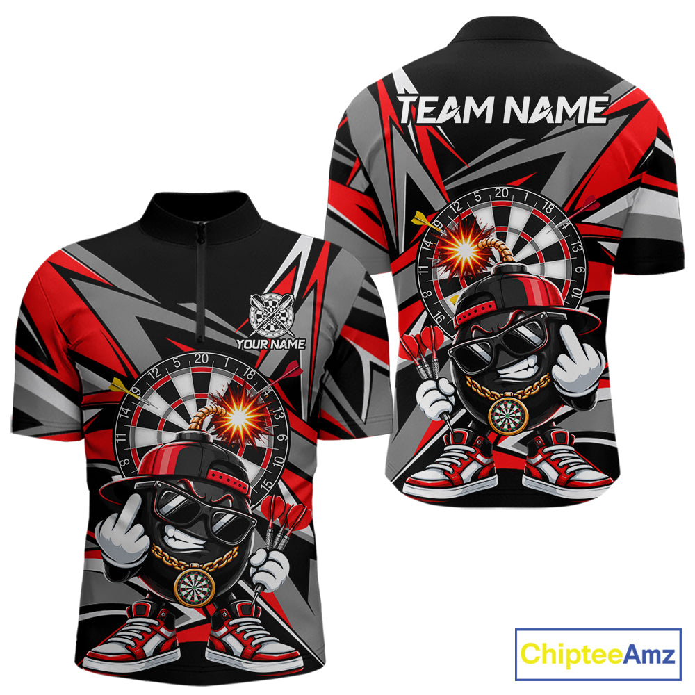 Custom Red & Grey Funny Bomb Darts Polo Quarter-Zip Shirt For Men Darts Tournament Jersey NYN4888