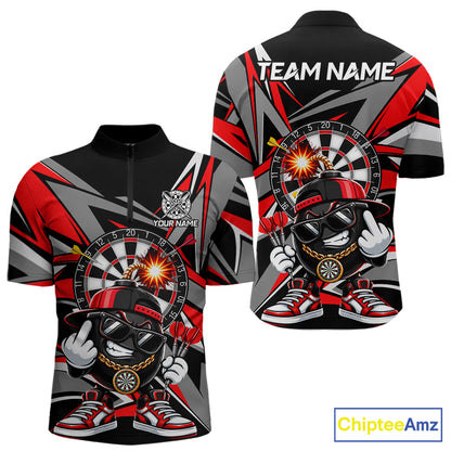 Custom Red & Grey Funny Bomb Darts Polo Quarter-Zip Shirt For Men Darts Tournament Jersey NYN4888