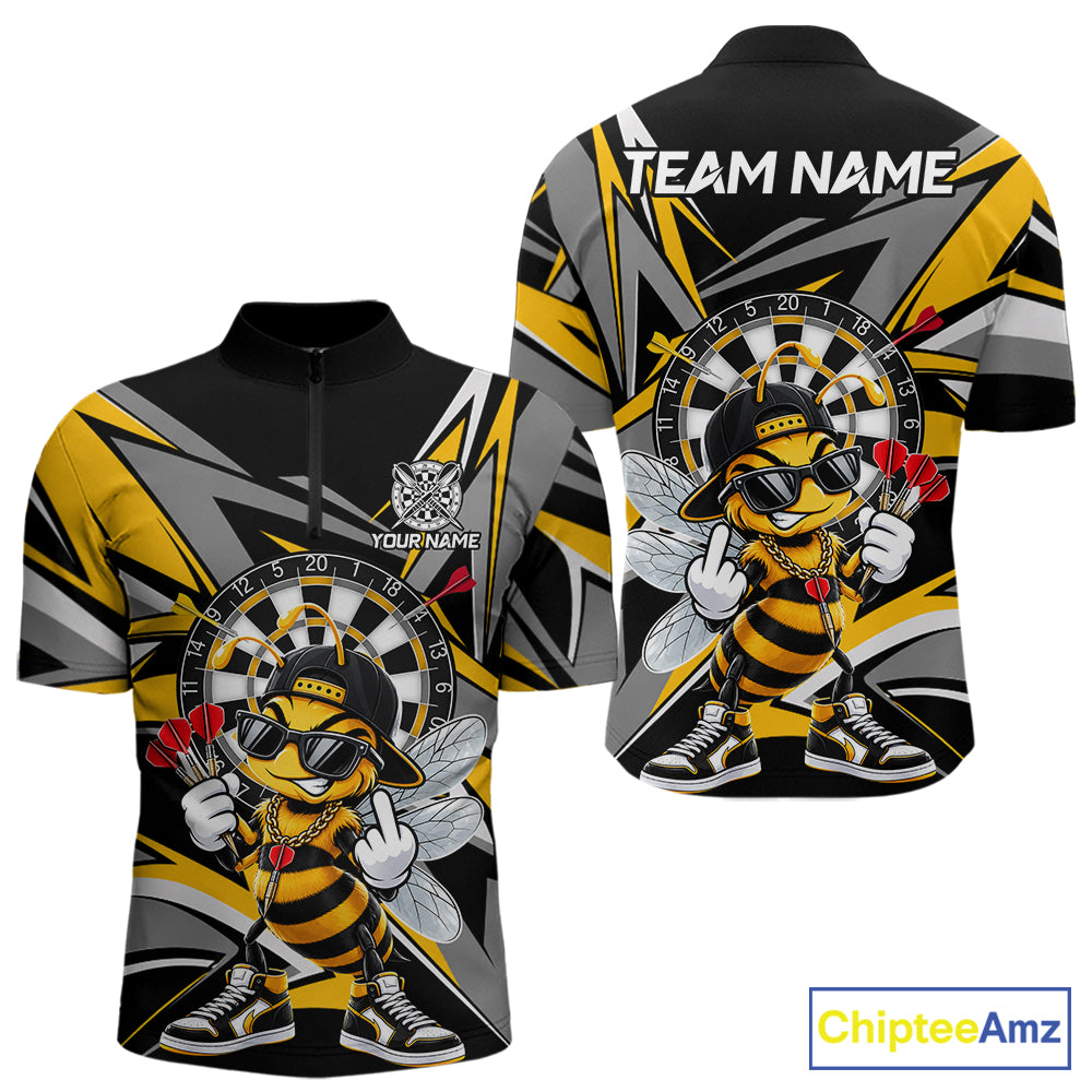 Custom Yellow & Grey Funny Bee Darts Quarter-Zip Shirt For Men Darts Tournament Jersey NYN4889