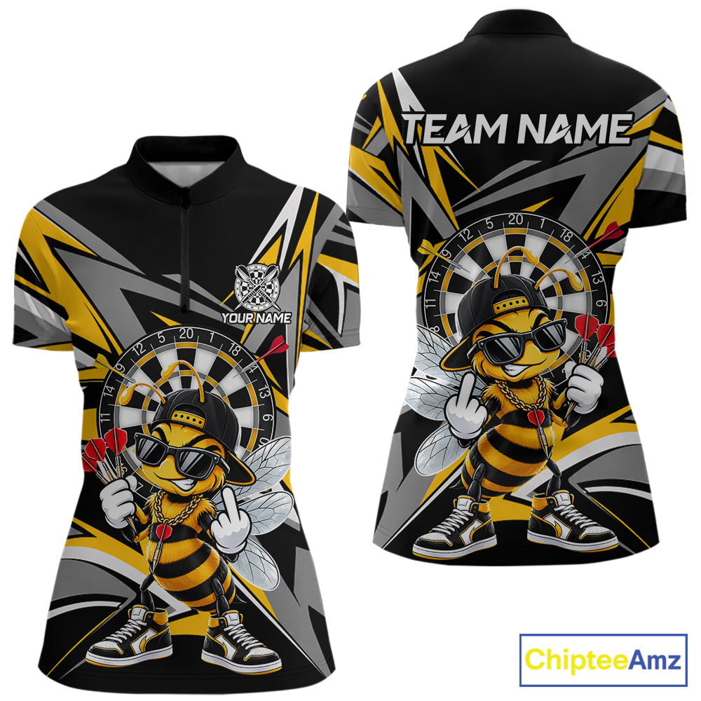Custom Yellow & Grey Funny Bee Darts Quarter-Zip Shirt For Women Darts Tournament Jersey NYN4889
