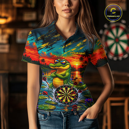 Cool Crocodile Darts Polo Quarter-Zip Shirt For Women Custom Funny Darts Tournament Jersey NYN4899