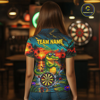 Cool Crocodile Darts Polo Quarter-Zip Shirt For Women Custom Funny Darts Tournament Jersey NYN4899