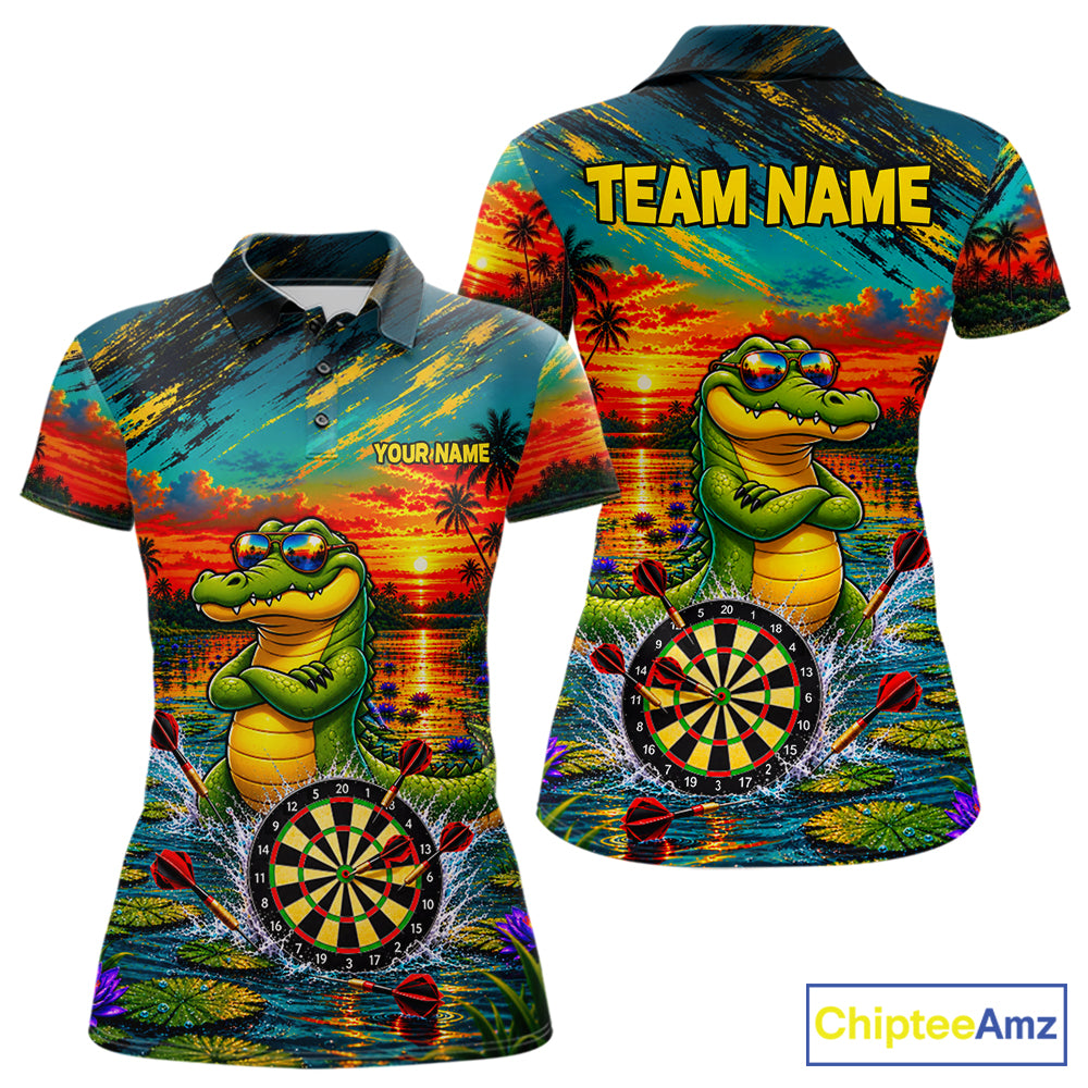 Cool Crocodile Darts Polo Quarter-Zip Shirt For Women Custom Funny Darts Tournament Jersey NYN4899