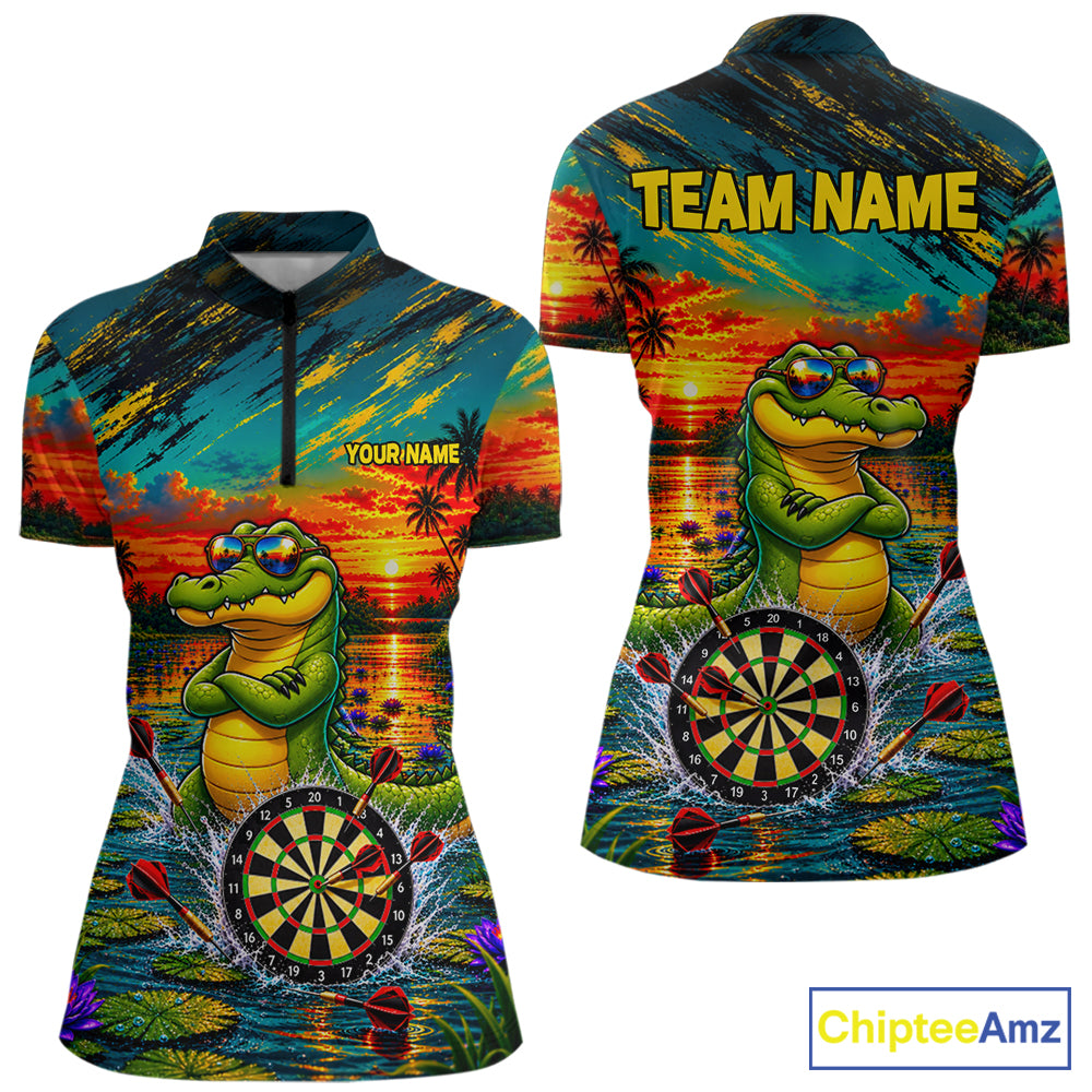 Cool Crocodile Darts Polo Quarter-Zip Shirt For Women Custom Funny Darts Tournament Jersey NYN4899