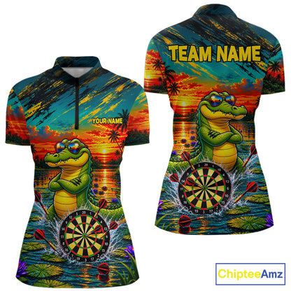 Cool Crocodile Darts Polo Quarter-Zip Shirt For Women Custom Funny Darts Tournament Jersey NYN4899