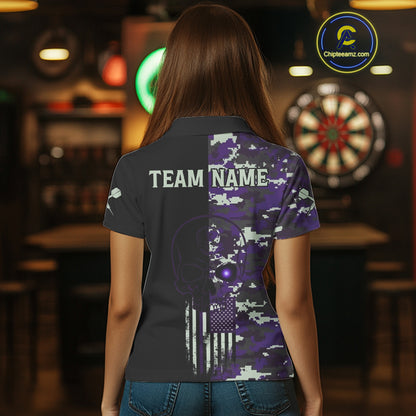 Black And Purple US Flag Digital Camo Skull Custom Men Darts Polo Shirt Dart Gifts NYN1984