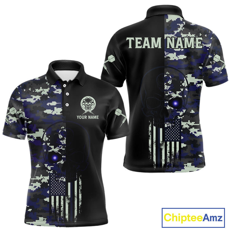 Black And Blue US Flag Digital Camo Skull Custom Men Darts Polo Shirt Dart Gifts NYN1985