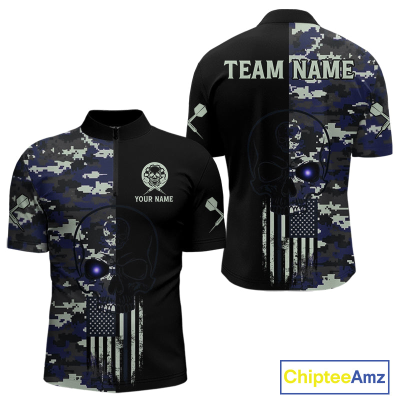 Black And Blue US Flag Digital Camo Skull Custom Men Darts Polo Shirt Dart Gifts NYN1985
