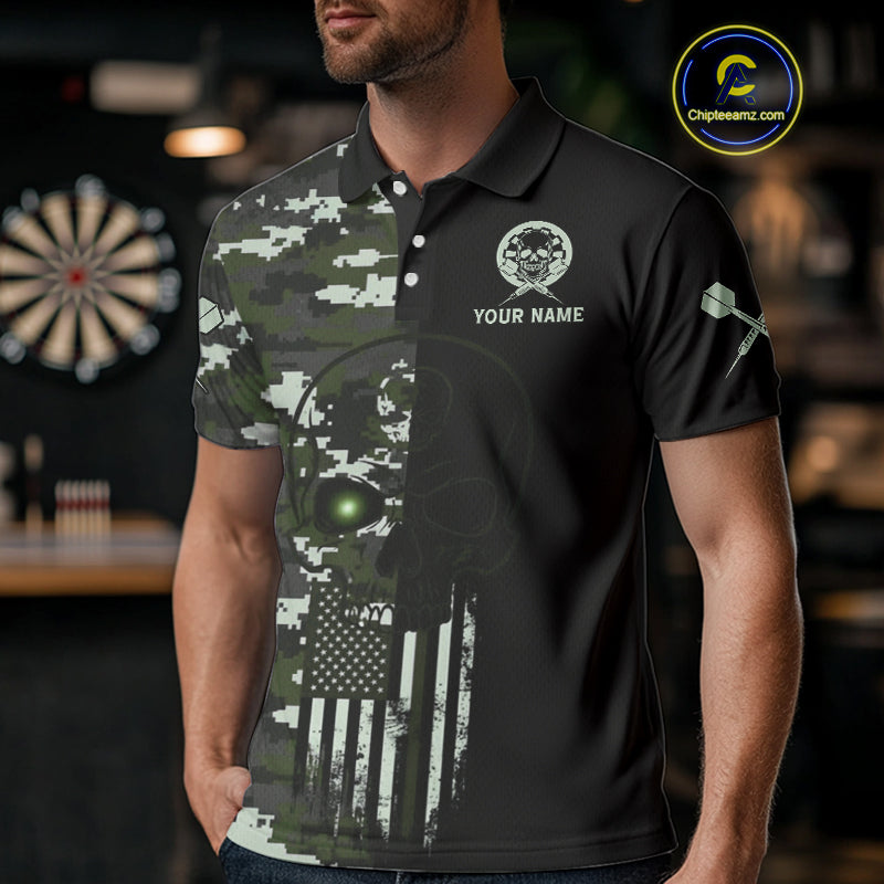 Black Green Military US Flag Digital Camo Skull Custom Men Darts Polo Shirt Dart Gifts NYN1986