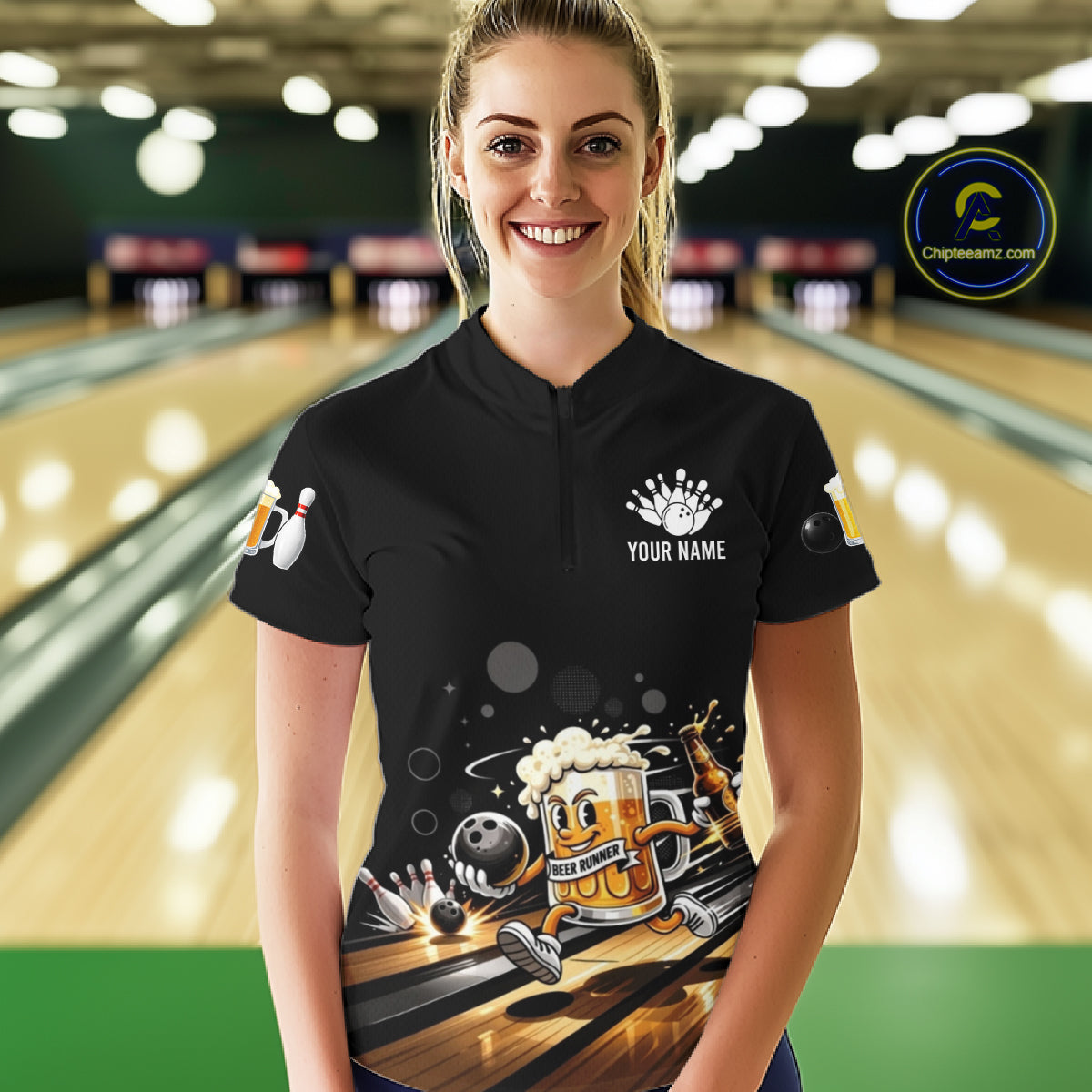 Personalized Beer Runner Funny Bowling Team Shirts For Women Bowling Polo & 1/4-Zip Jersey NYN2724