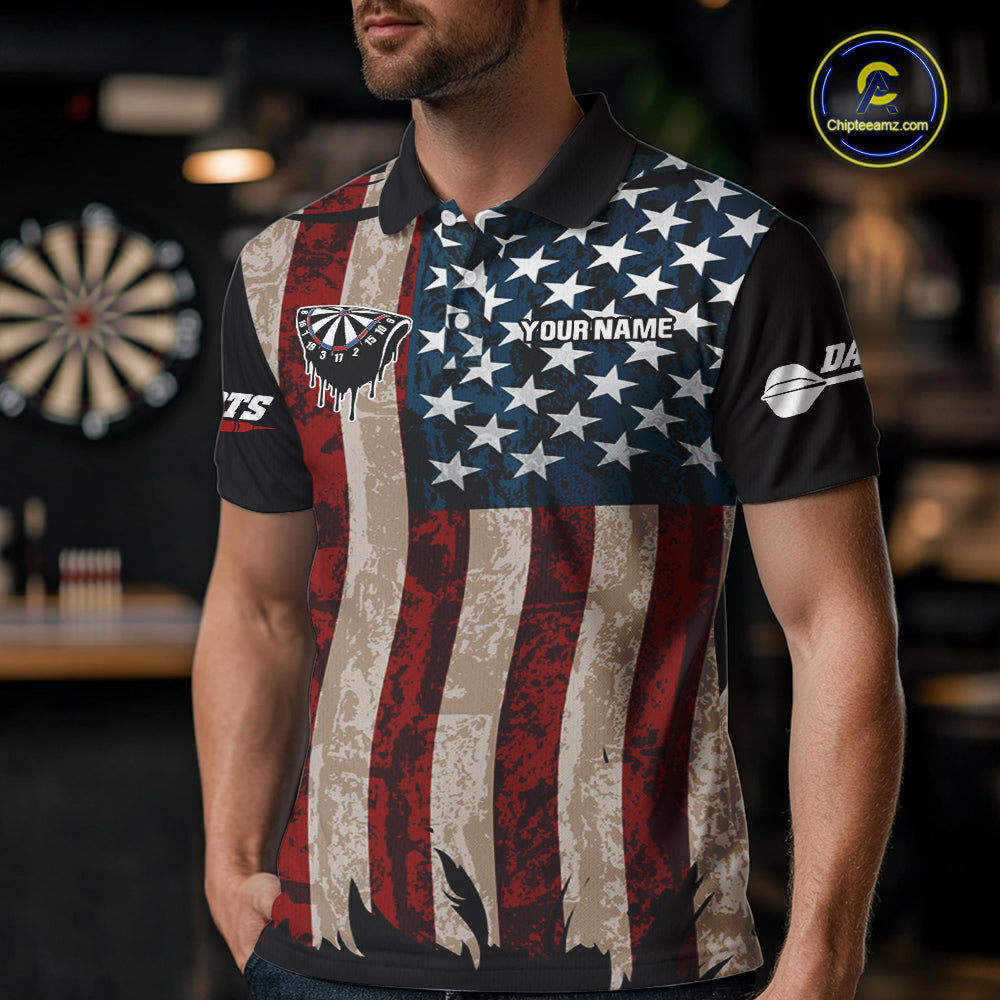 US Flag Dart Arrow & Dartboard Darts Polo Shirt For Men Custom Patriotic Dart Team Jerseys NYN2523